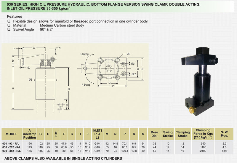 030 Series RIGHT : High Oil Pressure Hydraulic, Bottom Flange version Swing Clamp, Double Acting,  Inlet oil Pressure 355-350  kg/cm2