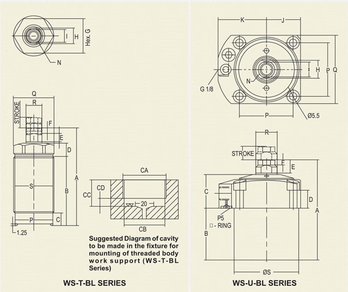 WS-BL Series : Hydraulic Work Support - Low Oil Working pressure - 25-70 Kg/cm2