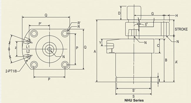 NHU Series : Low Oil Pressure, Hydraulic , Upper Flange Pipe Mounting Pipe Mounting / Manifold Mounting Swing Clamp - Double Acting, 20-70 kg/cm2 nlet Oil Pressure