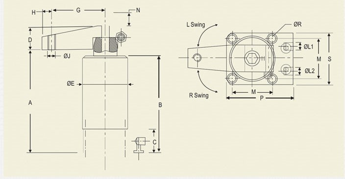 030 Series RIGHT : High Oil Pressure Hydraulic, Bottom Flange version Swing Clamp, Double Acting,  Inlet oil Pressure 355-350  kg/cm2