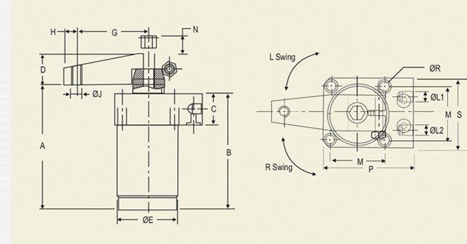 050 Series RIGHT : Hydraulic High Oil Pressure , Upper Flange Version Swing Clamp, Double Acting, Inlet oil  Pressure 35-350 Kg/cm2