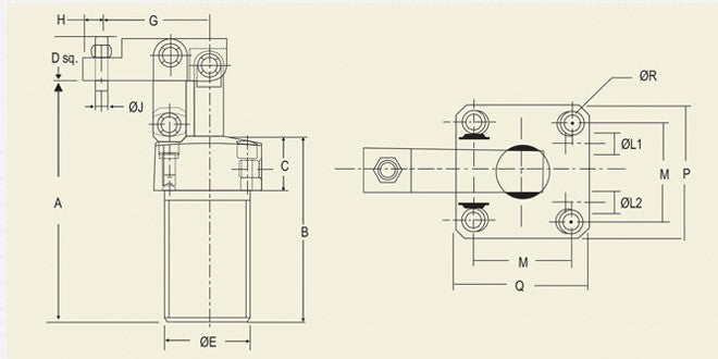 LHC01D Series : Hydraulic - Upper Flange Version, Threaded Body, Double Acting Lever Clamp, 20-70 kg/cm2 Inlet Oil Pressure