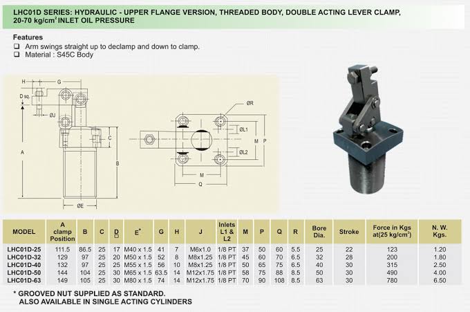 LHC01D Series : Hydraulic - Upper Flange Version, Threaded Body, Double Acting Lever Clamp, 20-70 kg/cm2 Inlet Oil Pressure