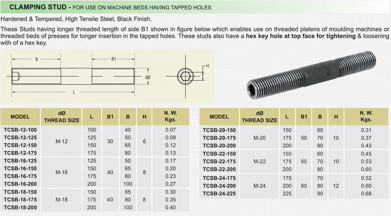 Clamping Stud - For Use On Machine Beds Having Tapped Holes : TCSB