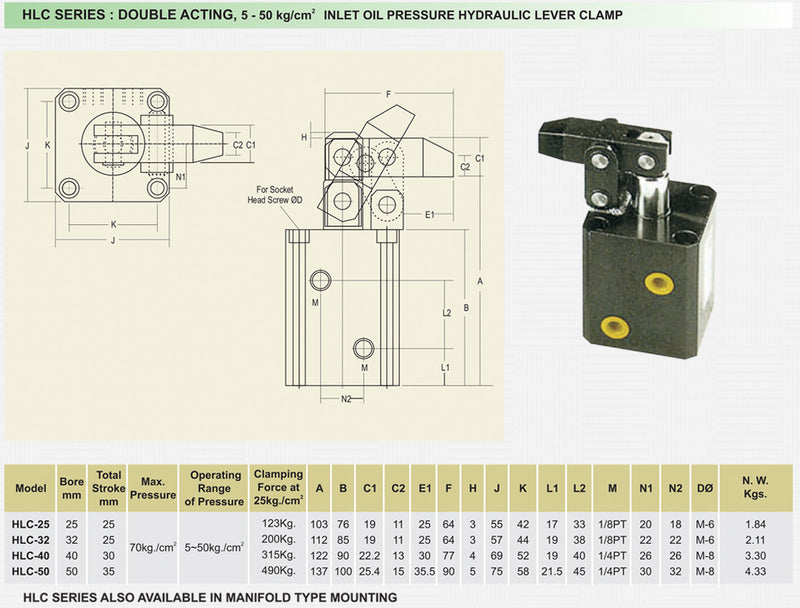 HLC Series : Double Acting, 5-50Kg/cm2 Inlet Oil Pressure Hydraulic Lever Clamp