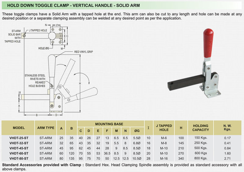 Hold Down Toggle Clamp - Vertical Handle - Solid Arm : VHDT