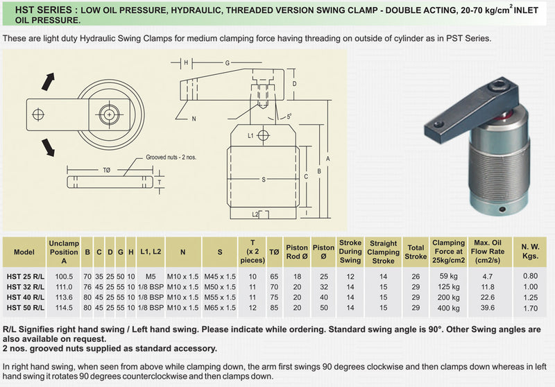 HST Series : Low Oil Pressure, Hydraulic , Threaded  Version Swing Clamp - Double Acting, 20-70 kg/cm2 Inlet Oil Pressure