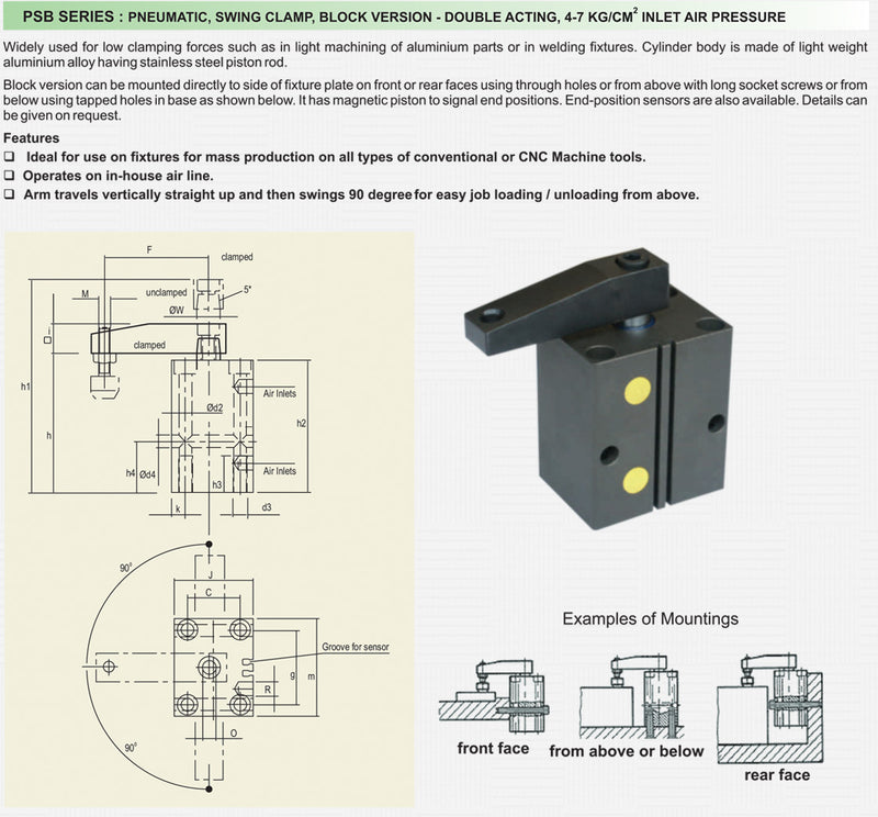 PSB Series : Pneumatic, Swing Clamp, Block Version - Double Acting, 4-7 Kg/cm2 zinlet Air Pressure