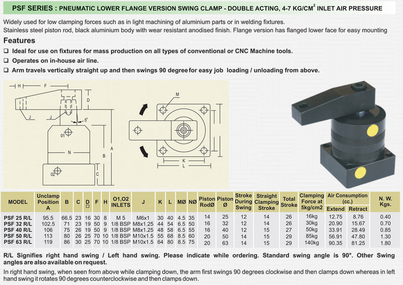 PSF Series : Pneumatic Lower Flange Version Swing Clamp - Double Acting, 4-7 kg/cm2 Inlet Air Pressure