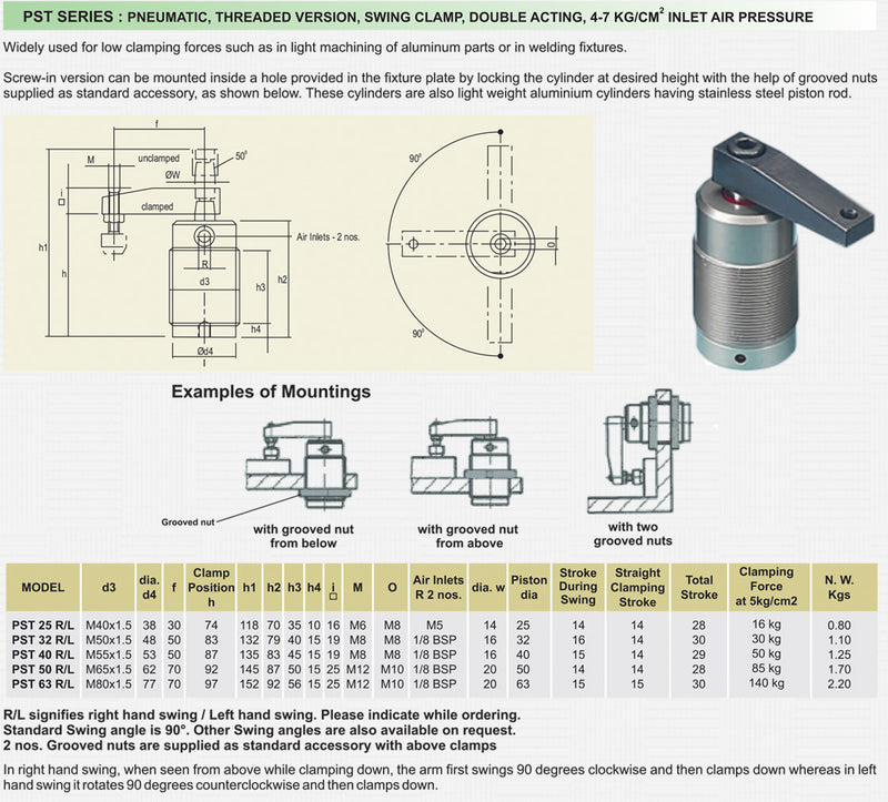 PST Series : Pneumatic, threaded Version Swing Clamp, Double Acting, 4-7 kg/cm2 Inlet Air Pressure